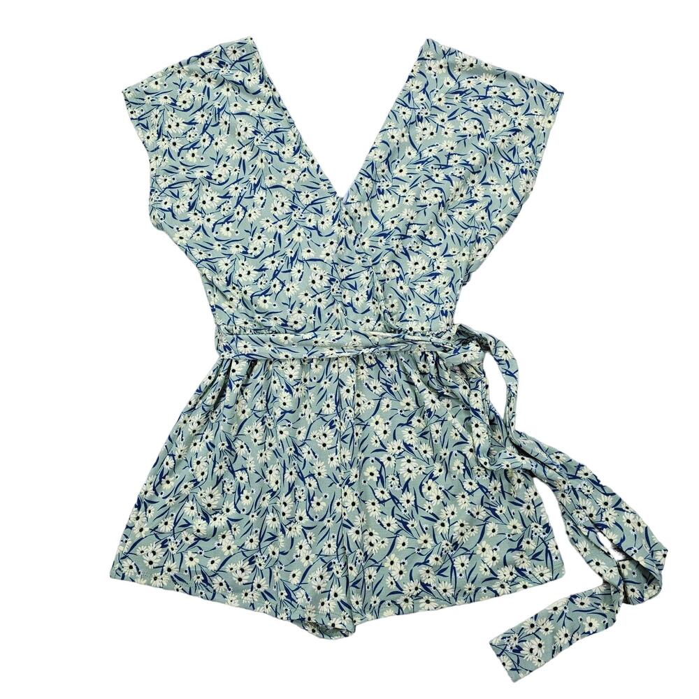 Urban Outfitters Womens Small Green Floral Belted Short Sleeve Romper Stretchy